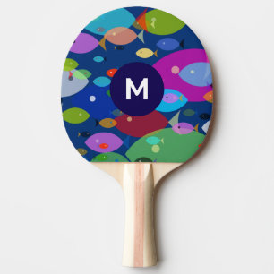 Raquete De Ping Pong Monograma Azul de Abstrato de Peixe Colorido