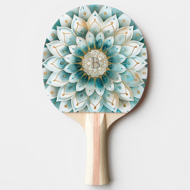 Raquete De Ping Pong Monograma Blue Teal Dourado Mandala (Frente)