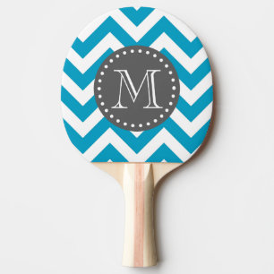 Raquete De Ping Pong Monograma cinzento branco azul de Chevron do