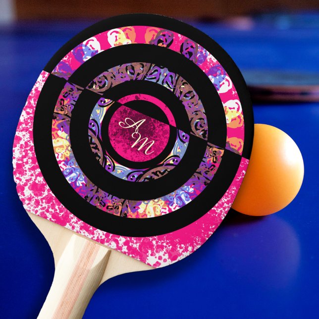 Raquete De Ping Pong Monograma cor-de-rosa Moderno Mandala (Criador carregado)