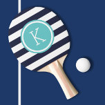 Raquete De Ping Pong Monograma das tiras de disquete de marinho e Turqu<br><div class="desc">Pás de pingue-pongue impressas personalizadas com um padrão listrado de pré-disquete. Personalize-o com o seu monograma inicial ou outro texto personalizado num quadro de círculo chic. Clique em Personalizar para alterar as fontes ou adicionar seu próprio texto e imagens para criar um único tipo de design.</div>