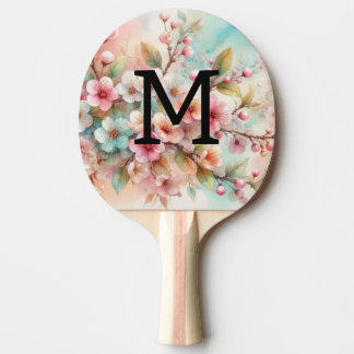 Raquete De Ping Pong Monograma de aquarela floral com flores de cerejei