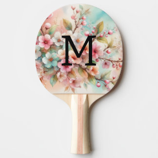 Raquete De Ping Pong Monograma de aquarela floral com flores de cerejei