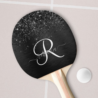 Raquete De Ping Pong Monograma de brilho preto personalizado