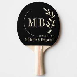 Raquete De Ping Pong Monograma de casamento com folha preta e creme