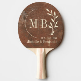 Raquete De Ping Pong Monograma de casamento com folhas de arenito marro