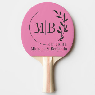 Raquete De Ping Pong Monograma de Casamento com Folhas Rosa e Preto