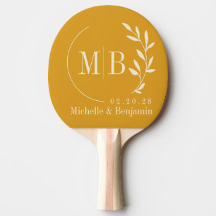 Raquete De Ping Pong Monograma de Casamento em Folha de Botão-de-Ouro Q