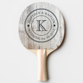 Raquete De Ping Pong Monograma de Casamento em Madeira Branca Desbotada