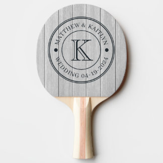 Raquete De Ping Pong Monograma de Casamento em Madeira Cinza Polida