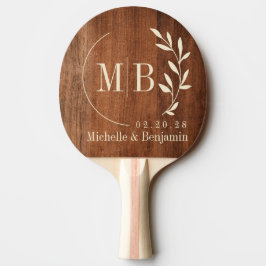 Raquete De Ping Pong Monograma de casamento em madeira de nogueira rúst