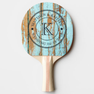Raquete De Ping Pong Monograma de Casamento em Madeira Lavada Azul