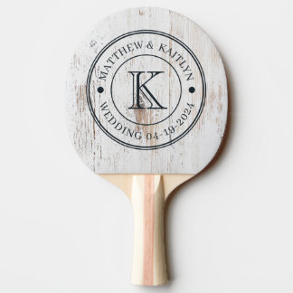 Raquete De Ping Pong Monograma de Casamento em Madeira Pintada de Branc