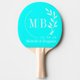 Raquete De Ping Pong Monograma de Casamento Folha Ciano Retro Elétrico