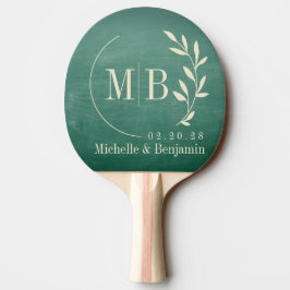 Raquete De Ping Pong Monograma de Casamento Folha de Quadro Negro Verde