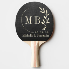 Raquete De Ping Pong Monograma de Casamento Folha de Tela Preta
