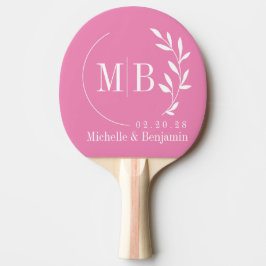 Raquete De Ping Pong Monograma de Casamento Folha Rosa