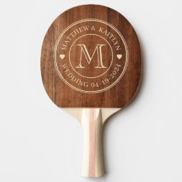 Raquete De Ping Pong Monograma de Coração de Casamento em Madeira de No