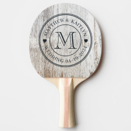 Raquete De Ping Pong Monograma de Coração de Madeira Branca Envelhecida