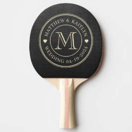 Raquete De Ping Pong Monograma de Coração para Casamento em Tela Preta