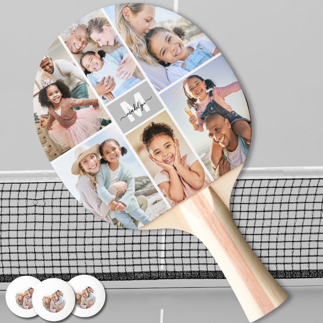 Raquete De Ping Pong Monograma de Foto (Photo Collage Simple Monogram Picture Ping Pong Paddle)