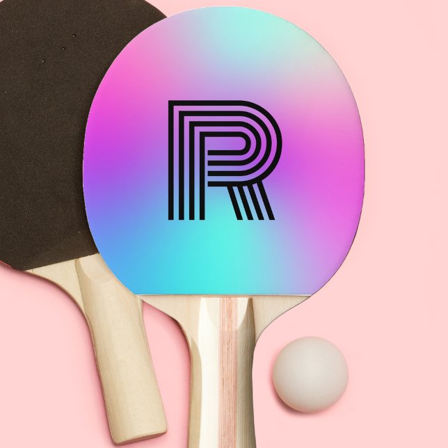 Raquete De Ping Pong Monograma de Mama Azul e Púrpura Neon Rosa (retro neon pink blue purple monogram ping pong paddle)