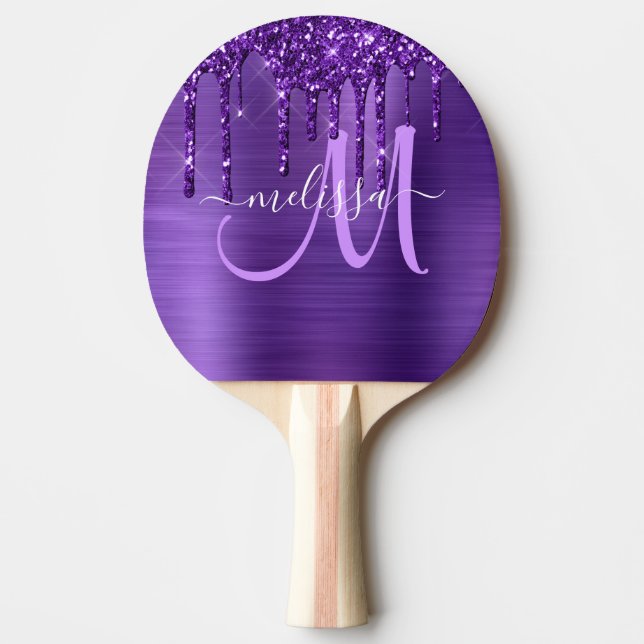 Raquete De Ping Pong Monograma de Pincel com Glitter Roxo (Frente)
