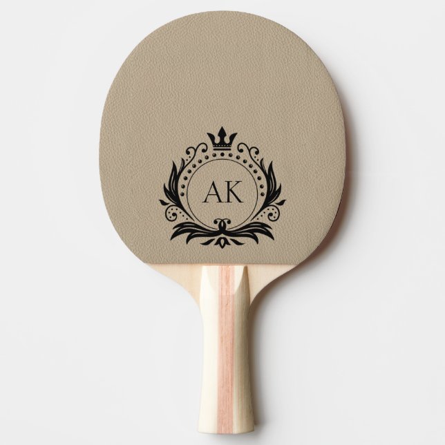 Raquete De Ping Pong Monograma de quadro preto de couro preto de bege s (Frente)