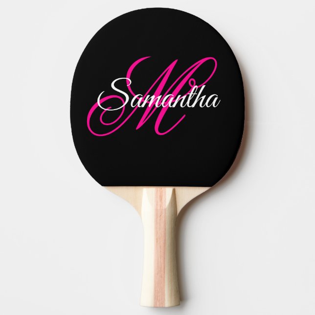 Raquete De Ping Pong Monograma de Script de Rico Branco Preto e Rosa Qu (Frente)
