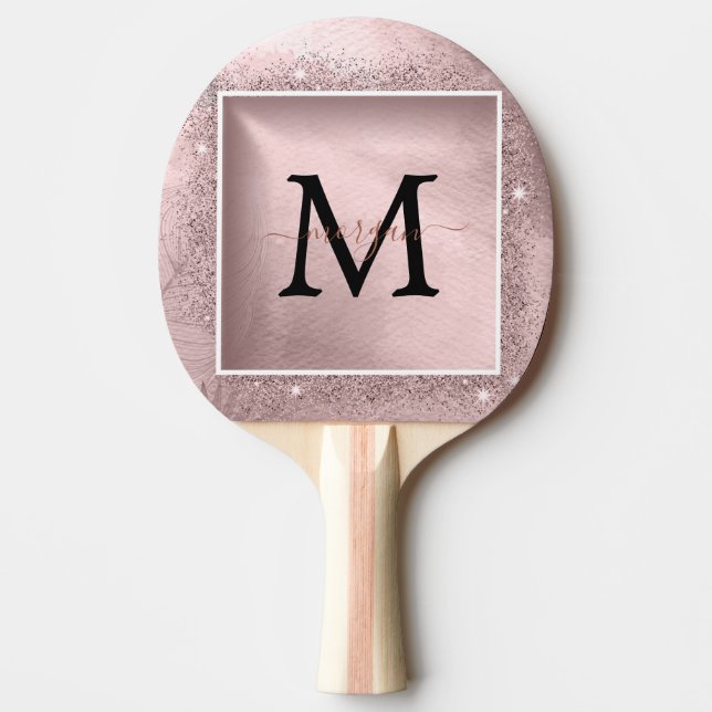 Raquete De Ping Pong Monograma de Script Glitter Dourado rosa (Frente)