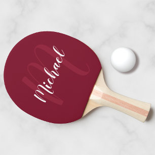 Raquete De Ping Pong Monograma de Script Personalizado e Nome Vermelho
