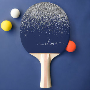 Raquete De Ping Pong Monograma de Sparkle Azul Girly Marinho de Prata