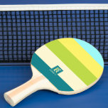 Raquete De Ping Pong Monograma de Stripes Coloridas Frescas e Felizes<br><div class="desc">Listras coloridas em cores frescas,  felizes,  vívidas,  com um monograma. Azul escuro e claro com creme claro,  cores verdes e amarelas,  design feliz. Monograma totalmente personalizável. Personalize alterando as iniciais e o nome ou substitua pelo seu logotipo.</div>