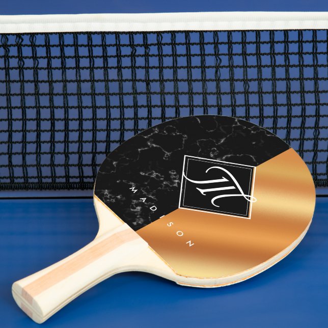 Raquete De Ping Pong Monograma do Elegante Black Marble & Copper Foil (Insitu)