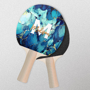 Raquete De Ping Pong monograma do glitograma de dourado azul-mármore ch