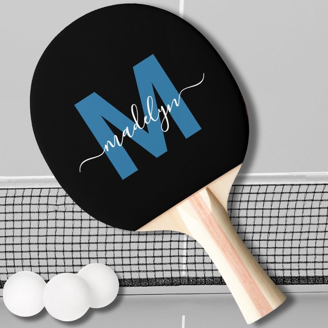 Raquete De Ping Pong Monograma do Nome do Script Elegante Azul Preto (Black Blue Elegant Script Name Monogram Ping Pong Paddle)