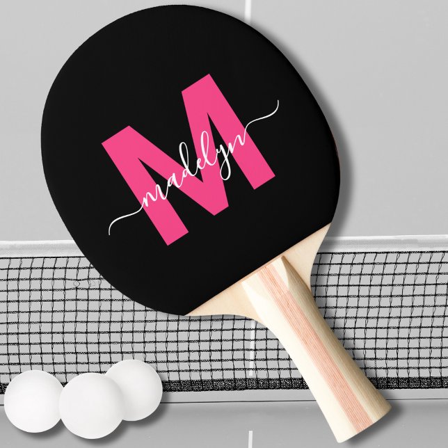 Raquete De Ping Pong Monograma do Nome do Script Moderno Rosa (Pink Modern Script Name Monogram Ping Pong Paddle)