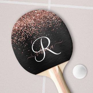 Raquete De Ping Pong Monograma do Sparkle preto com brilho Dourado com