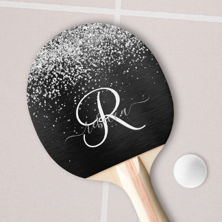 Raquete De Ping Pong Monograma do Sparkle Preto com Glitter de Prata Pe