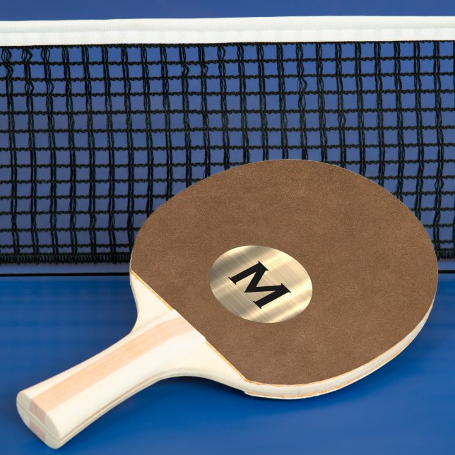 Raquete De Ping Pong Monograma Dourado de couro castanho simples (Insitu)
