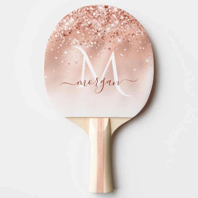 Raquete De Ping Pong Monograma Dourado de Rosa de Pêssego com brilho (Frente)