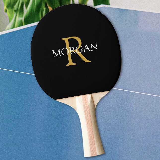 Raquete De Ping Pong Monograma Dourado e Nome Branco em Preto (Criador carregado)