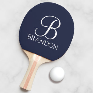 Raquete De Ping Pong Monograma e Nome de Script Personalizado Azul-mari