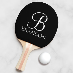 Raquete De Ping Pong Monograma e Nome de Script Personalizado Preto