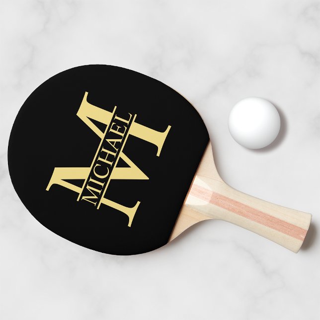 Raquete De Ping Pong Monograma e Nome Personalizados Preto e Dourado (Criador carregado)