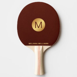 Raquete De Ping Pong Monograma Elegante Nome Couro Vermelho e Dourado