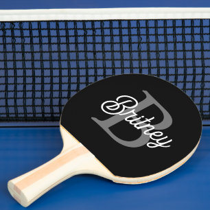 Raquete De Ping Pong Monograma Moderno Nome do Elegante Script de Cinza