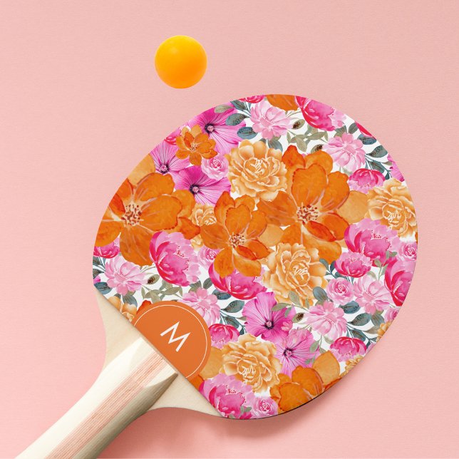Raquete De Ping Pong Monograma Personalizado Floral Vibrante Laranja Br (Criador carregado)