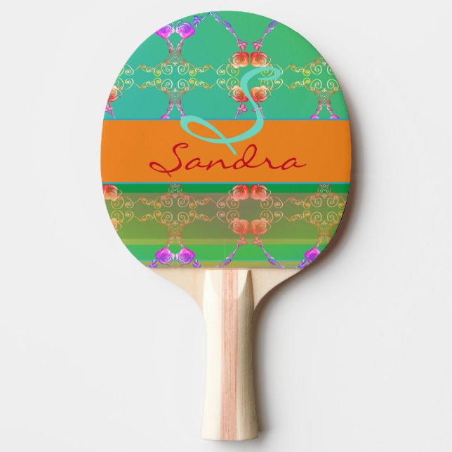 Raquete De Ping Pong Monograma Rosa Heart Apricot Teal e Moss (Frente)