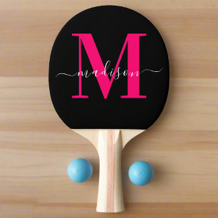 Raquete De Ping Pong Monograma Rosa Quente Preto e Negrito Menor Menor
